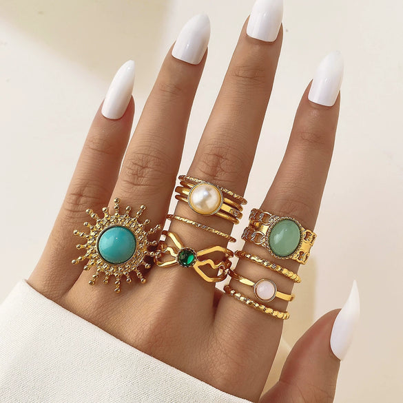 Wholesale Jewelry Flower Geometric Alloy Ring Multipiece Set For Women