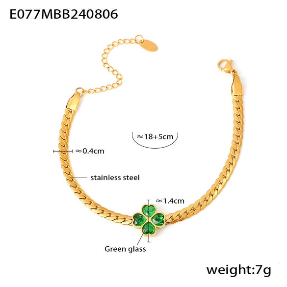 Wholesale Jewelry Four Leaf Clover Glass Stone Stainless Steel Earrings Necklace Bracelet Three Piece Set With Electroplating