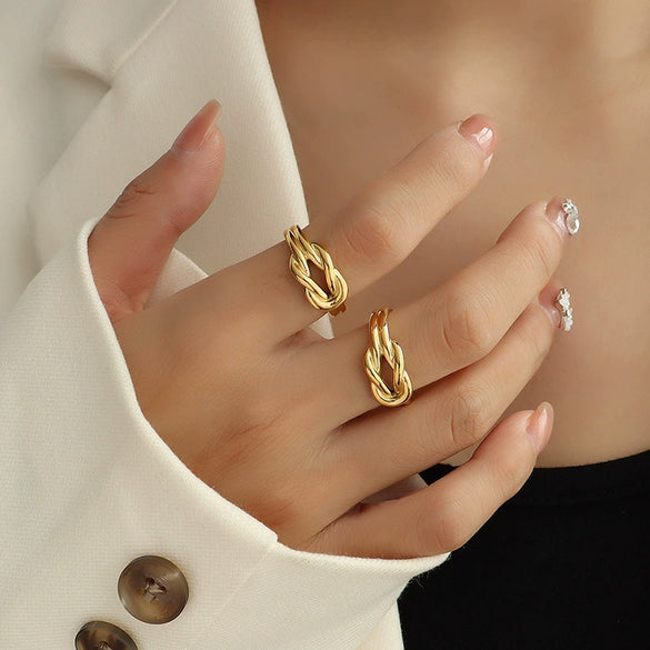 Wholesale Jewelry French Geometric Lucky Knot Open Ring Titanium Steel 18K Gold Electroplated