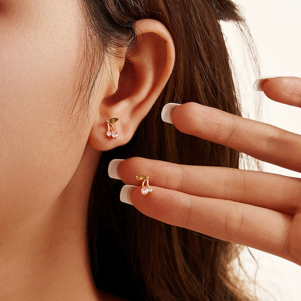 Wholesale Jewelry French Retro Cherry Geometric S925 Silver Plated K Gold Zircon Earrings
