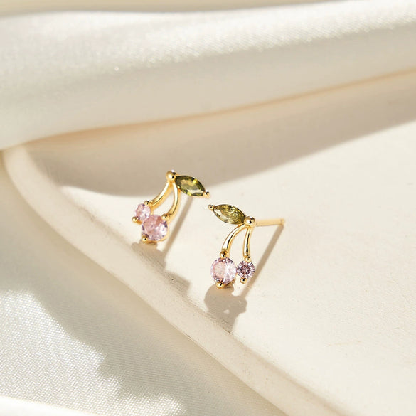 Wholesale Jewelry French Retro Cherry Geometric S925 Silver Plated K Gold Zircon Earrings