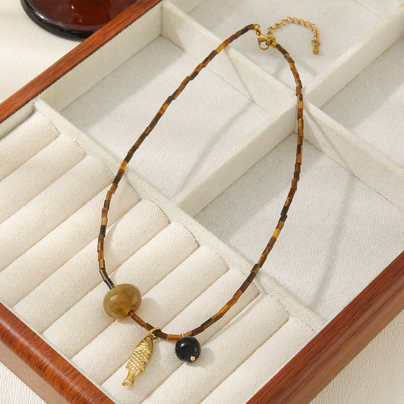 Wholesale Jewelry French Retro Handmade Geometric Tiger Eye Stone Black Agate Stainless Steel Titanium Steel Beaded Necklace With Koi Pendant For Women