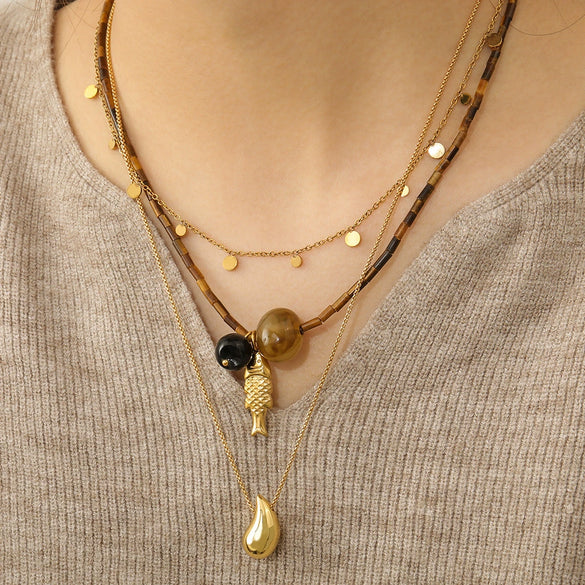 Wholesale Jewelry French Retro Handmade Geometric Tiger Eye Stone Black Agate Stainless Steel Titanium Steel Beaded Necklace With Koi Pendant For Women