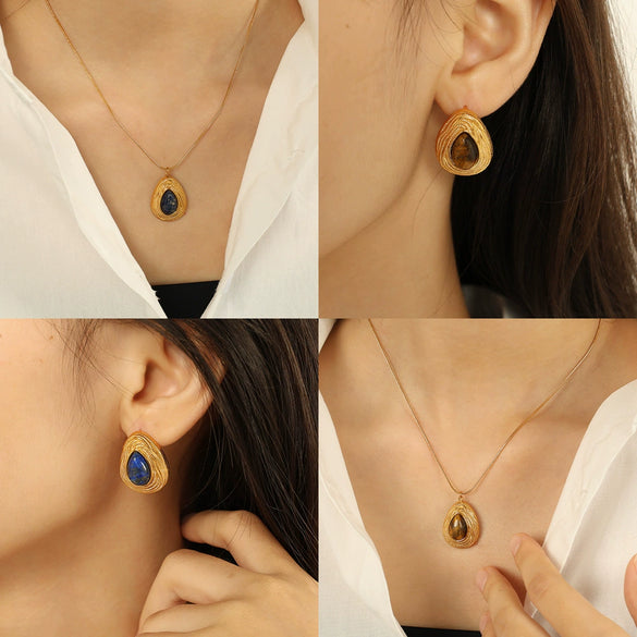 Wholesale Jewelry French Retro Maillard Autumn And Winter Tiger Eye Stone 316L Stainless Steel Necklace Electroplating For Women