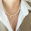 Wholesale Jewelry French Retro Natural Freshwater Pearl Copper Pendant White Seashell Non Fading Titanium Steel Geometric Electroplated Necklace
