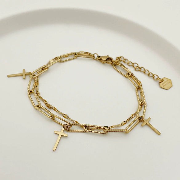 Wholesale Jewelry French Retro Style Cross Double Layer Stainless Steel Electroplated Bracelet