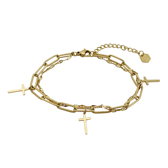 Wholesale Jewelry French Retro Style Cross Double Layer Stainless Steel Electroplated Bracelet