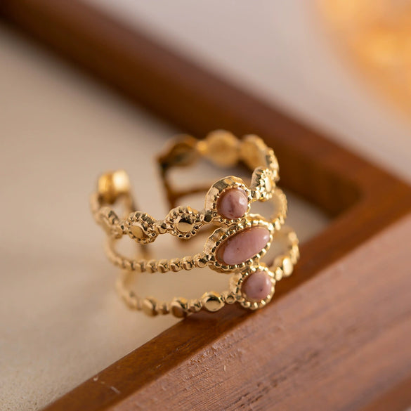 Wholesale Jewelry French Retro Style Natural Red Stone Stainless Steel Gem Inlaid Open Ring