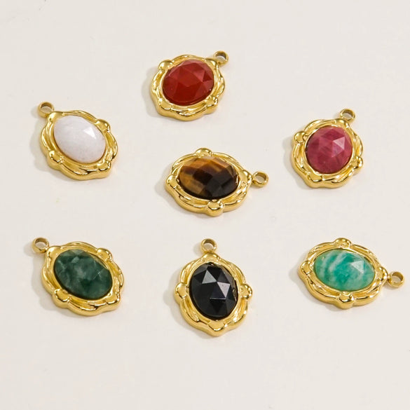 Wholesale Jewelry French Vintage Stainless Steel Inlaid Natural Stone Oval Pendant Necklace
