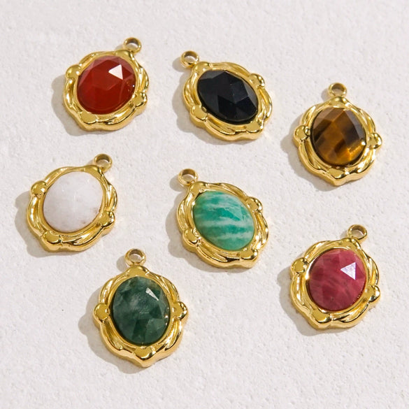 Wholesale Jewelry French Vintage Stainless Steel Inlaid Natural Stone Oval Pendant Necklace