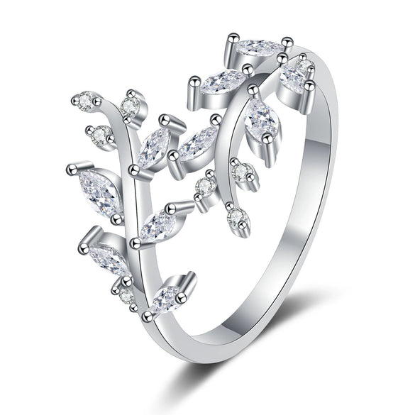 Wholesale Jewelry Fresh Diamond Leaf Branch Style Open Ring 925 Sterling Silver