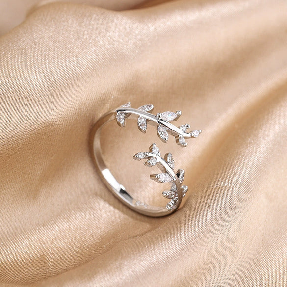 Wholesale Jewelry Fresh Diamond Leaf Branch Style Open Ring 925 Sterling Silver