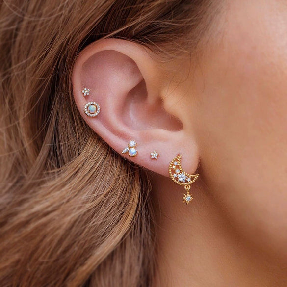 Wholesale Jewelry Fresh Style Star And Moon Pattern Zircon Butterfly Earrings Set With Copper 225 Silver Needle And Real Gold Plating