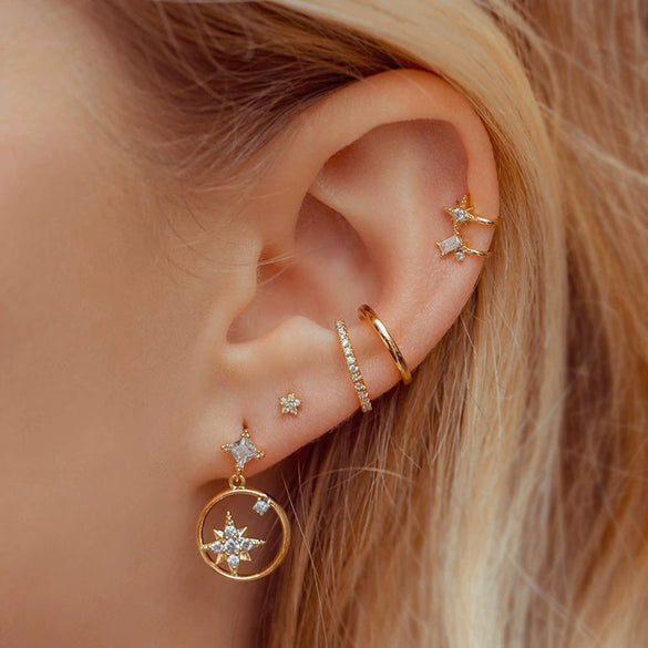 Wholesale Jewelry Fresh Style Star And Moon Pattern Zircon Butterfly Earrings Set With Copper 225 Silver Needle And Real Gold Plating