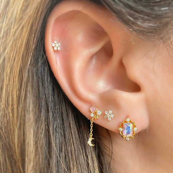 Wholesale Jewelry Fresh Style Star And Moon Pattern Zircon Butterfly Earrings Set With Copper 225 Silver Needle And Real Gold Plating