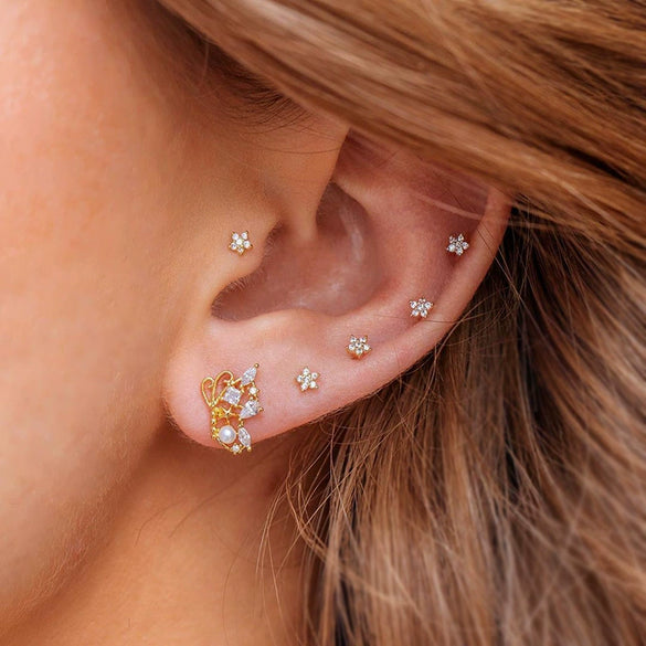 Wholesale Jewelry Fresh Style Star And Moon Pattern Zircon Butterfly Earrings Set With Copper 225 Silver Needle And Real Gold Plating