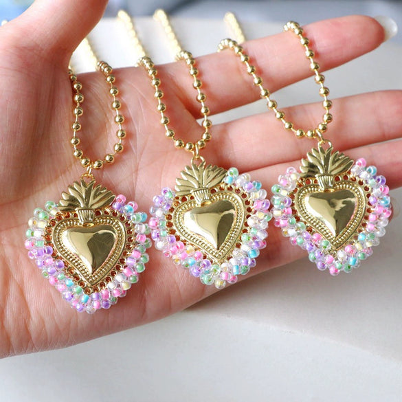 Wholesale Jewelry Fresh Sweet Style Copper Alloy Bead Wrapped Heart Shape Chain Necklace