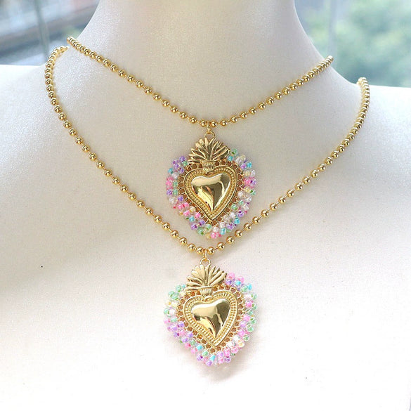 Wholesale Jewelry Fresh Sweet Style Copper Alloy Bead Wrapped Heart Shape Chain Necklace