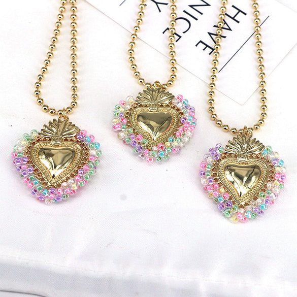 Wholesale Jewelry Fresh Sweet Style Copper Alloy Bead Wrapped Heart Shape Chain Necklace