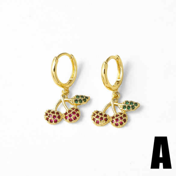 Wholesale Jewelry Fruit Cherry Copper 18K Gold Plated Earrings Unisex Simple Style