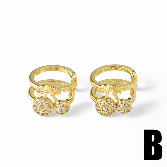 Wholesale Jewelry Fruit Cherry Insect Geometric Copper Goldplated Ear Clip Earrings