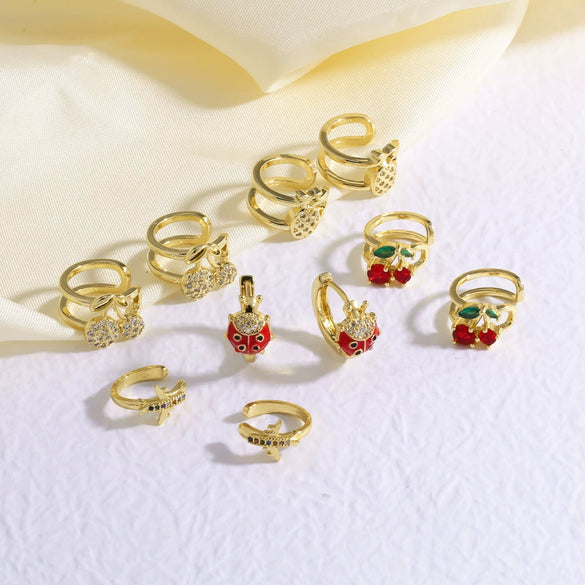 Wholesale Jewelry Fruit Cherry Insect Geometric Copper Goldplated Ear Clip Earrings