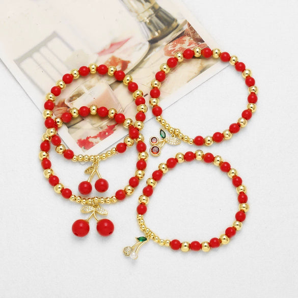 Wholesale Jewelry Fruit Cherry Pendant Copper Beaded Bracelet Electroplated