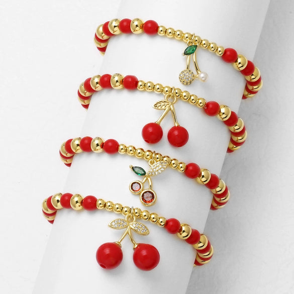 Wholesale Jewelry Fruit Cherry Pendant Copper Beaded Bracelet Electroplated