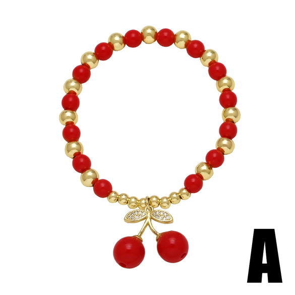 Wholesale Jewelry Fruit Cherry Pendant Copper Beaded Bracelet Electroplated