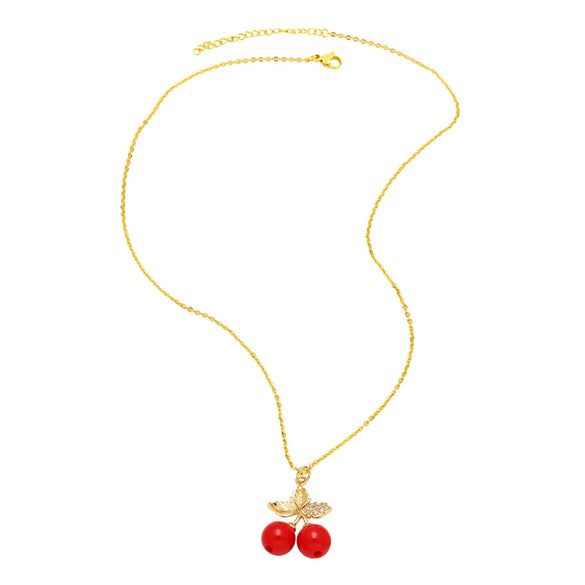 Wholesale Jewelry Fruit Cherry Pendant Necklace Copper 18K Gold Plated O Word Chain