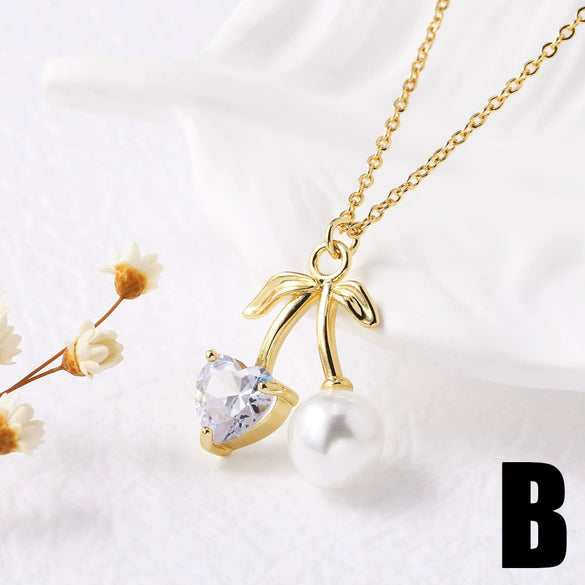 Wholesale Jewelry Fruit Cherry Pendant Necklace Copper 18K Gold Plated O Word Chain