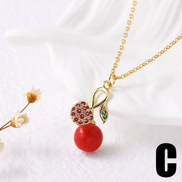 Wholesale Jewelry Fruit Cherry Pendant Necklace Copper 18K Gold Plated O Word Chain
