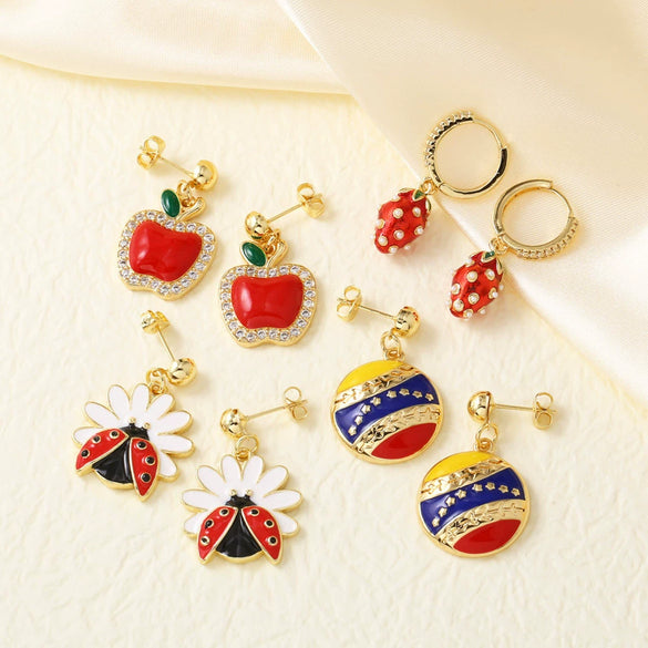 Wholesale Jewelry Fruit Insect Strawberry Copper 18K Gold Plated Earrings For Women