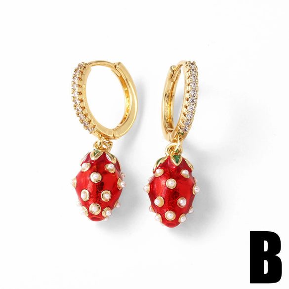 Wholesale Jewelry Fruit Insect Strawberry Copper 18K Gold Plated Earrings For Women