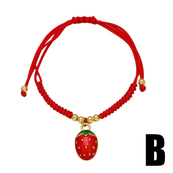 Wholesale Jewelry Fruit Strawberry Pendant Copper Electroplated Red Rope Braided Unisex Bracelet