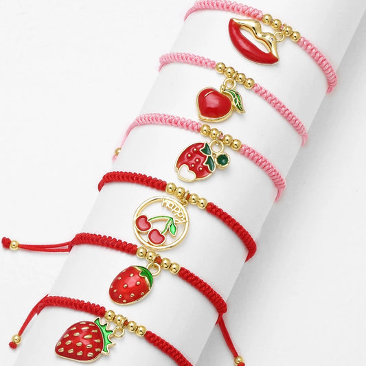 Wholesale Jewelry Fruit Strawberry Pendant Copper Electroplated Red Rope Braided Unisex Bracelet