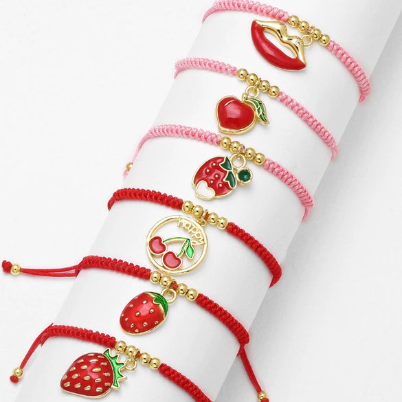 Wholesale Jewelry Fruit Strawberry Pendant Copper Electroplated Red Rope Braided Unisex Bracelet