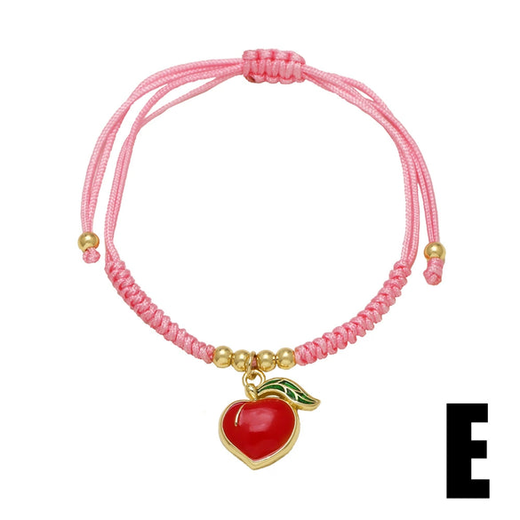 Wholesale Jewelry Fruit Strawberry Pendant Copper Electroplated Red Rope Braided Unisex Bracelet