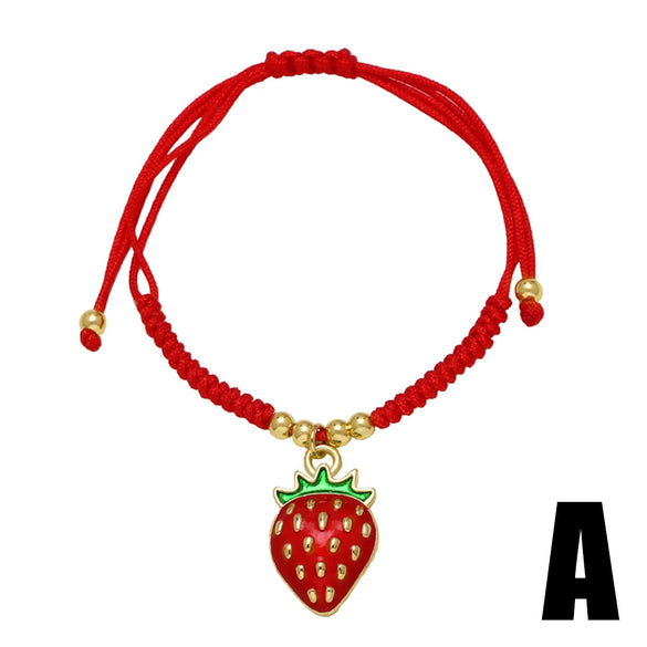 Wholesale Jewelry Fruit Strawberry Pendant Copper Electroplated Red Rope Braided Unisex Bracelet