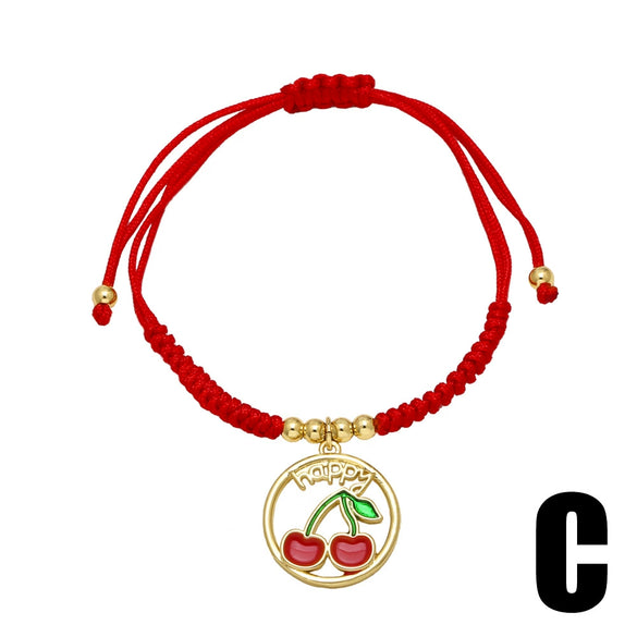 Wholesale Jewelry Fruit Strawberry Pendant Copper Electroplated Red Rope Braided Unisex Bracelet
