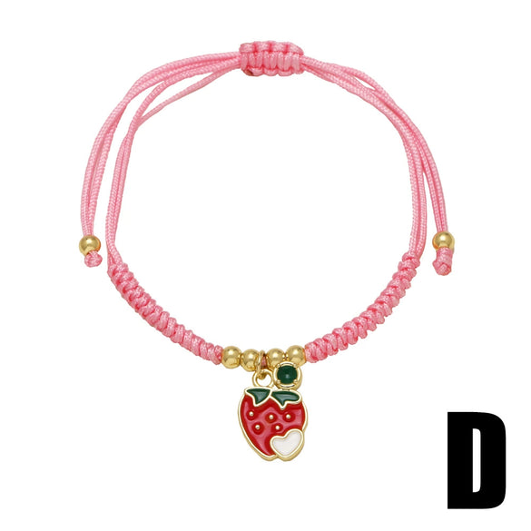 Wholesale Jewelry Fruit Strawberry Pendant Copper Electroplated Red Rope Braided Unisex Bracelet