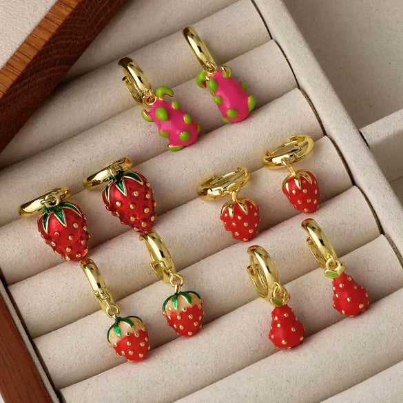 Wholesale Jewelry Fruit Strawberry Pitaya Copper Pendant Electroplated Earrings For Women