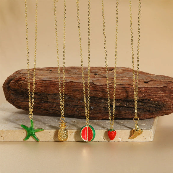 Wholesale Jewelry Fruit Style Copper Mixed Gem Inlay Watermelon Pendant Ochain Necklace For Women Electroplated