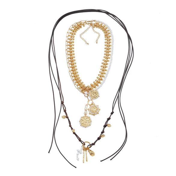 Wholesale Jewelry Geometric Animal Zodiac Imitation Pearl Pendant Zinc Alloy Electroplated Multilayer Badge Necklace For Ladies