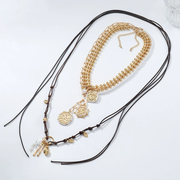 Wholesale Jewelry Geometric Animal Zodiac Imitation Pearl Pendant Zinc Alloy Electroplated Multilayer Badge Necklace For Ladies