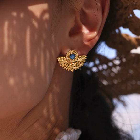 Wholesale Jewelry Geometric Blue Turquoise Stainless Steel Electroplated Fanshaped Earrings For Women
