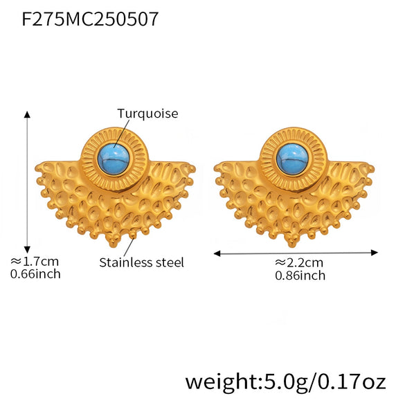 Wholesale Jewelry Geometric Blue Turquoise Stainless Steel Electroplated Fanshaped Earrings For Women