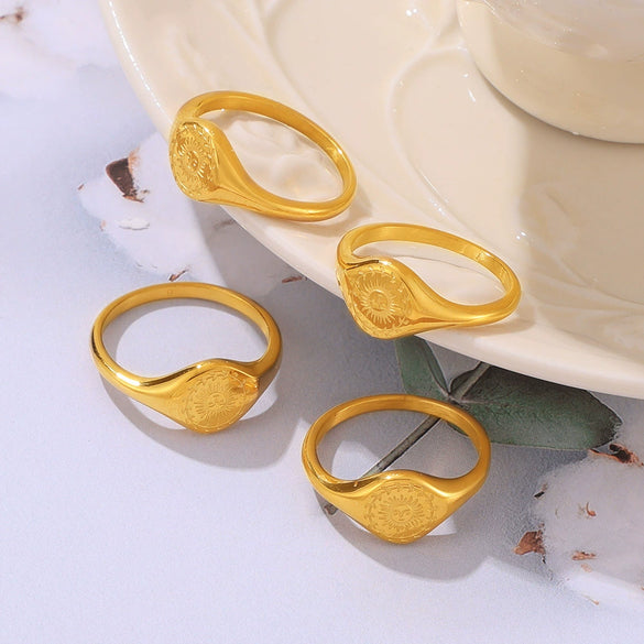 Wholesale Jewelry Geometric Carved Wreath Around The Sun 316L Stainless Steel Gold Plated Ring