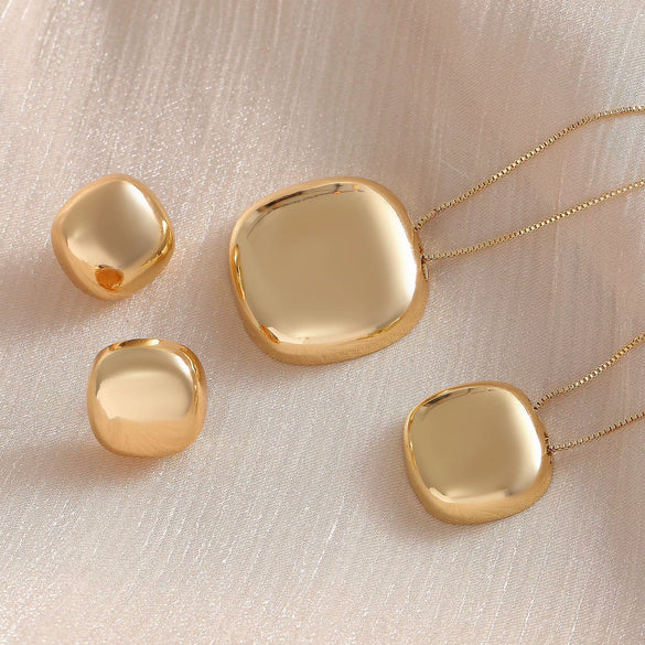 Wholesale Jewelry Geometric Copper Box Chain Necklace And Earrings Set With Glossy Finish And Electroplating Treatment For Women