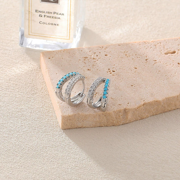 Wholesale Jewelry Geometric Copper Earrings With Klein Blue Zircon Electroplated 14K Gold Ear Needles For Women Retro Light Luxury Style